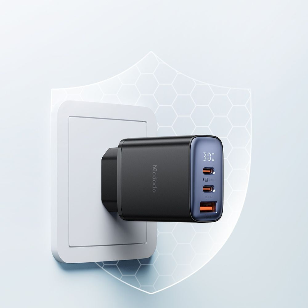 McDodo CH-2180 Netwerkoplader Display, 30W, 3A, 1 x USB-A - 2 x USB-C, Zwart