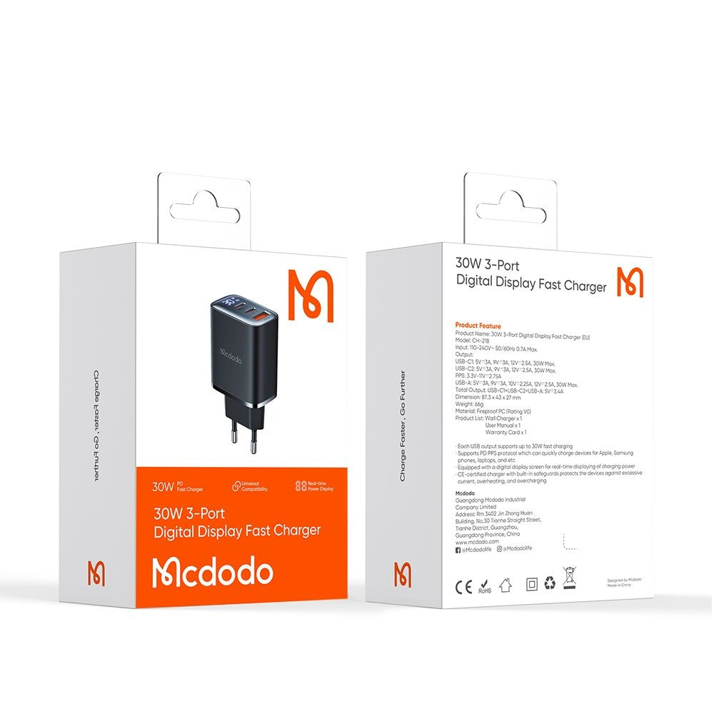 McDodo CH-2180 Netwerkoplader Display, 30W, 3A, 1 x USB-A - 2 x USB-C, Zwart