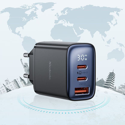 McDodo CH-2180 Netwerkoplader Display, 30W, 3A, 1 x USB-A - 2 x USB-C, Zwart