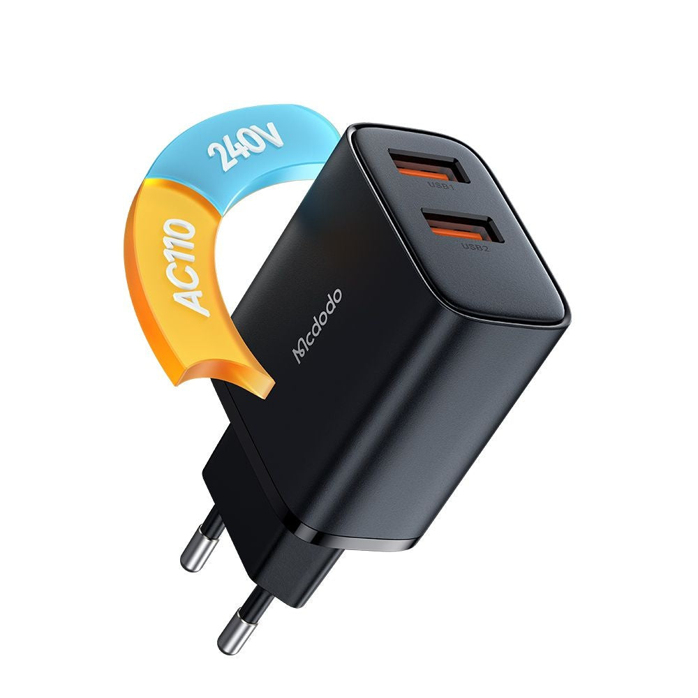 McDodo CH-5070 Beryllium Netwerkoplader, 12W, 2.4A, 2 x USB-A, Zwart
