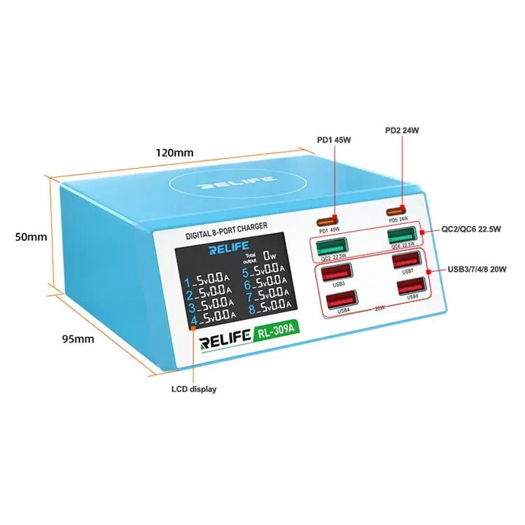 Relife RL-309A Wall Charger, 100W, 4.5A, 2 x USB-C - 6 x USB-A, Blue