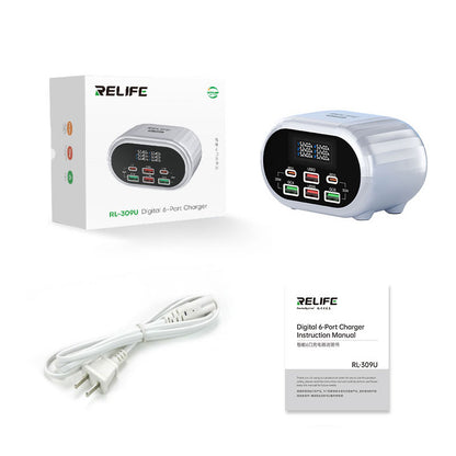 Relife RL-309U Wall Charger, 72W, 5A, 2 x USB-C - 4 x USB-A, Silver