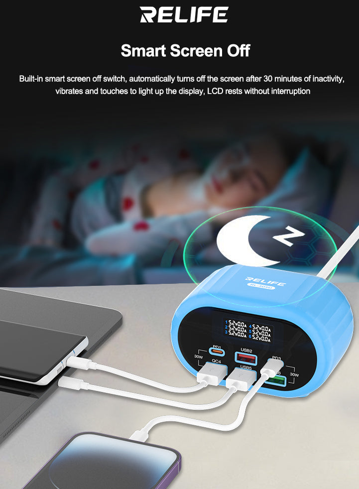Relife RL-309U Station Charger, 72W, 5A, 2 x USB-C - 4 x USB-A, Blauw