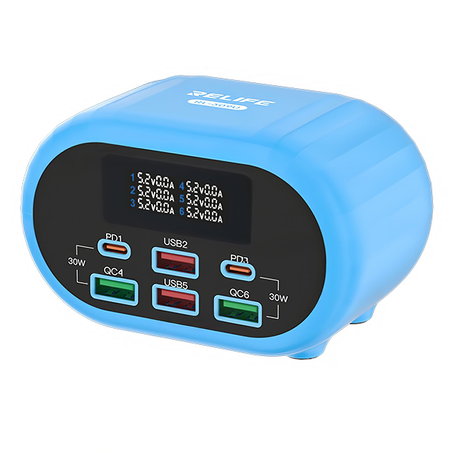 Relife RL-309U Station Charger, 72W, 5A, 2 x USB-C - 4 x USB-A, Blauw