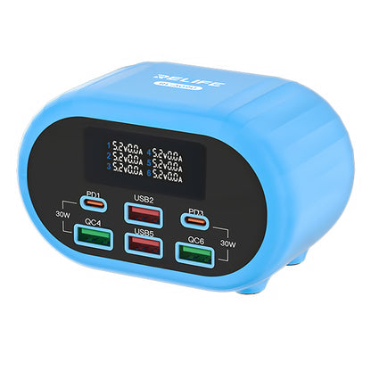 Relife RL-309U Station Charger, 72W, 5A, 2 x USB-C - 4 x USB-A, Blauw