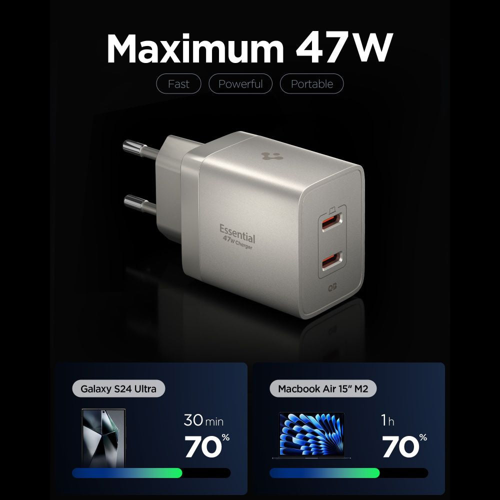 Spigen EE472EU Essential Netlader, 47W, 3A, 2 x USB-C, Titan Grijs ACH10451