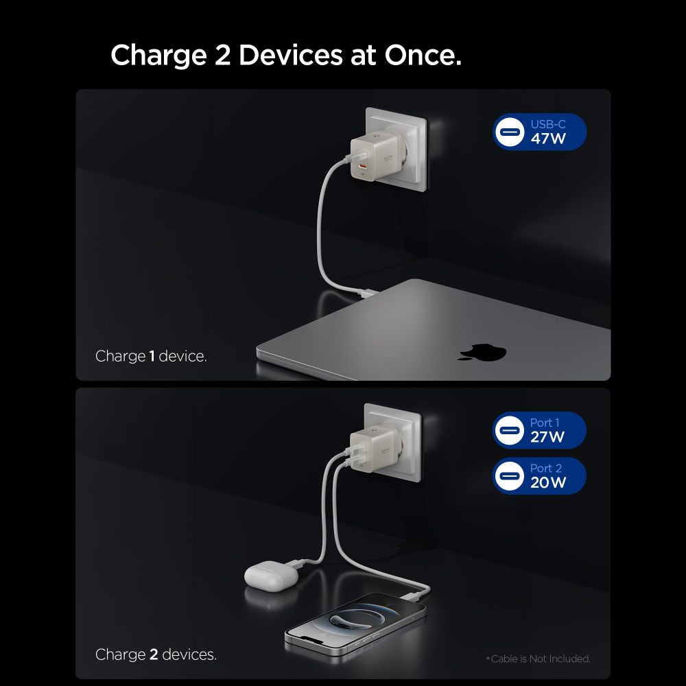 Spigen EE472EU Essential Netlader, 47W, 3A, 2 x USB-C, Titan Grijs ACH10451
