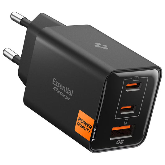 Spigen EE473EU Essential Netwerkoplader, 47W, 3A, 1 x USB-A - 2 x USB-C, Zwart ACH09465