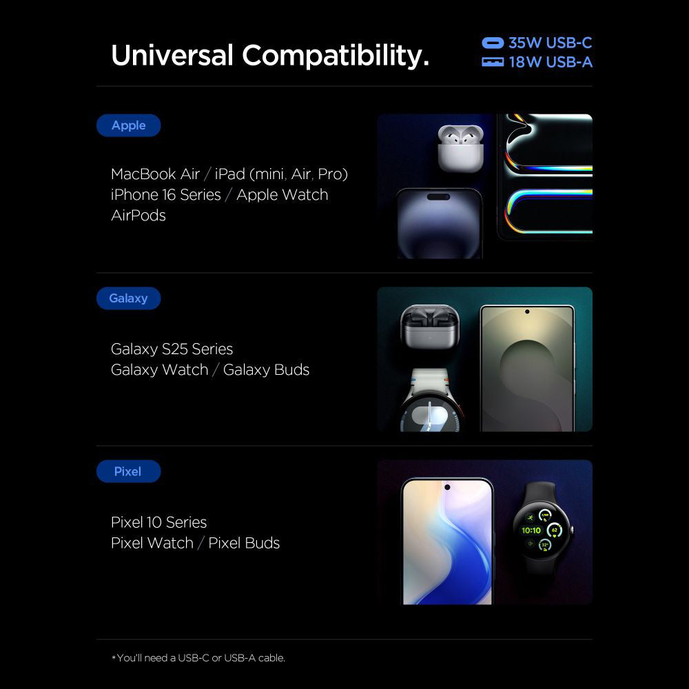 Spigen Essential Netwerkoplader, 35W, 3A, 1 x USB-A - 1 x USB-C, Zwart