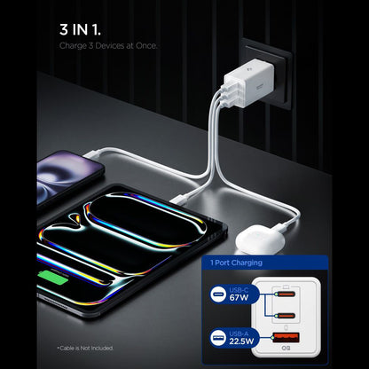 Spigen Essential Netwerkoplader, 67W, 3.25A, 1 x USB-A - 2 x USB-C, Wit ACH08710