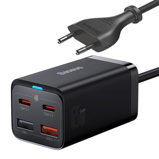 Baseus GaN3 Pro USB-C netwerkoplader met kabel, 65W, 3A, 2 x USB-A - 2 x USB-C, zwart CCGP04010101