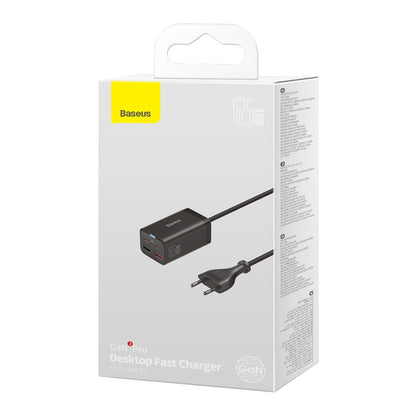 Network Charger With USB-C Cable Baseus GaN3 Pro, 65W, 3A, 2 x USB-A - 2 x USB-C, Black CCGP040101