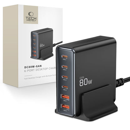 Netwerkoplader Tech-Protect DC80W, 80W, 3A, 2 x USB-A - 4 x USB-C, Zwart 