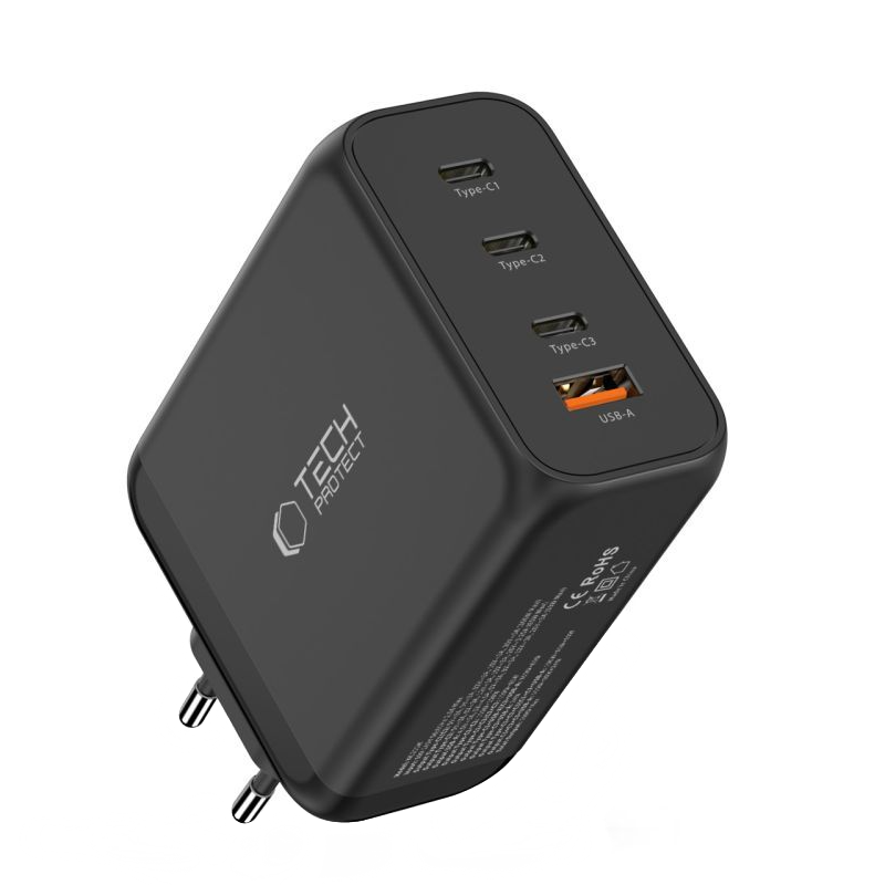 Tech-Protect NC200W-GAN Netwerkoplader, 200W, 5A, 1 x USB-A - 3 x USB-C, Zwart