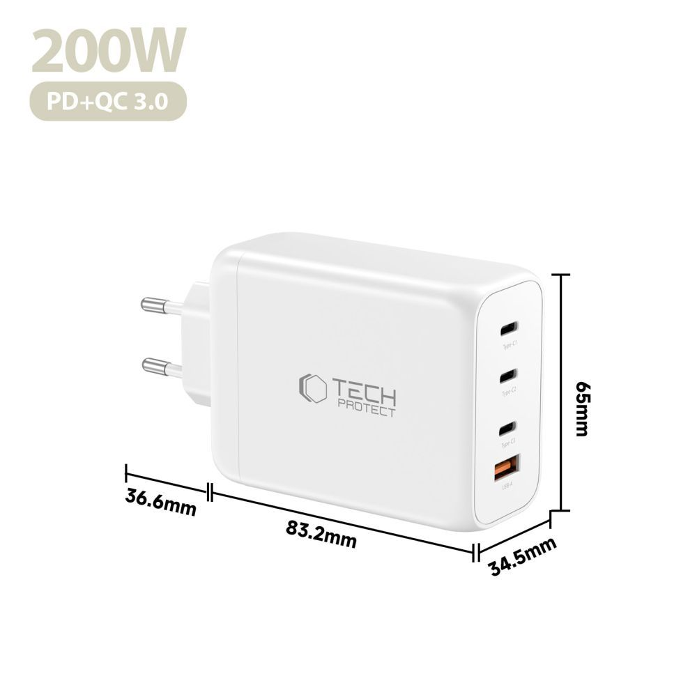 Netwerkoplader Tech-Protect NC200W-GAN, 200W, 5A, 1 x USB-A - 3 x USB-C, Wit