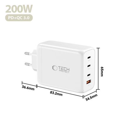 Netwerkoplader Tech-Protect NC200W-GAN, 200W, 5A, 1 x USB-A - 3 x USB-C, Wit