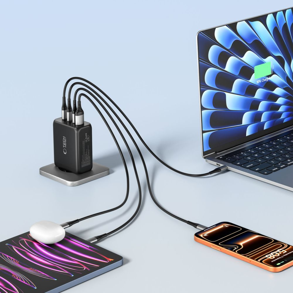 Tech-Protect NC200W-GAN Netwerkoplader, 200W, 5A, 1 x USB-A - 3 x USB-C, Zwart