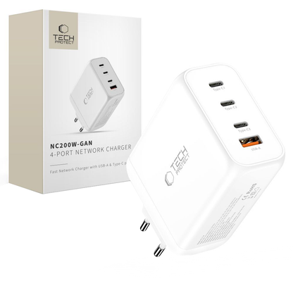 Netwerkoplader Tech-Protect NC200W-GAN, 200W, 5A, 1 x USB-A - 3 x USB-C, Wit