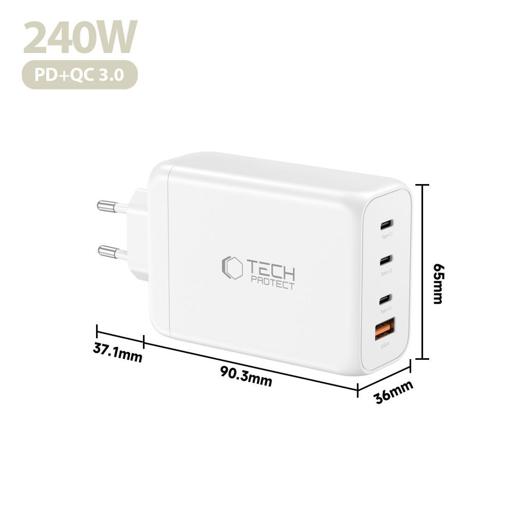 Tech-Protect NC240W-GAN Netwerkoplader, 240W, 5A, 1 x USB-A - 3 x USB-C, Wit