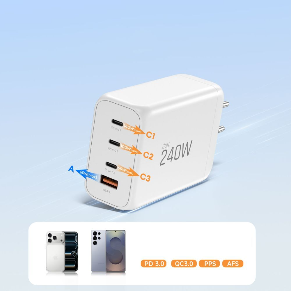 Tech-Protect NC240W-GAN Netwerkoplader, 240W, 5A, 1 x USB-A - 3 x USB-C, Wit