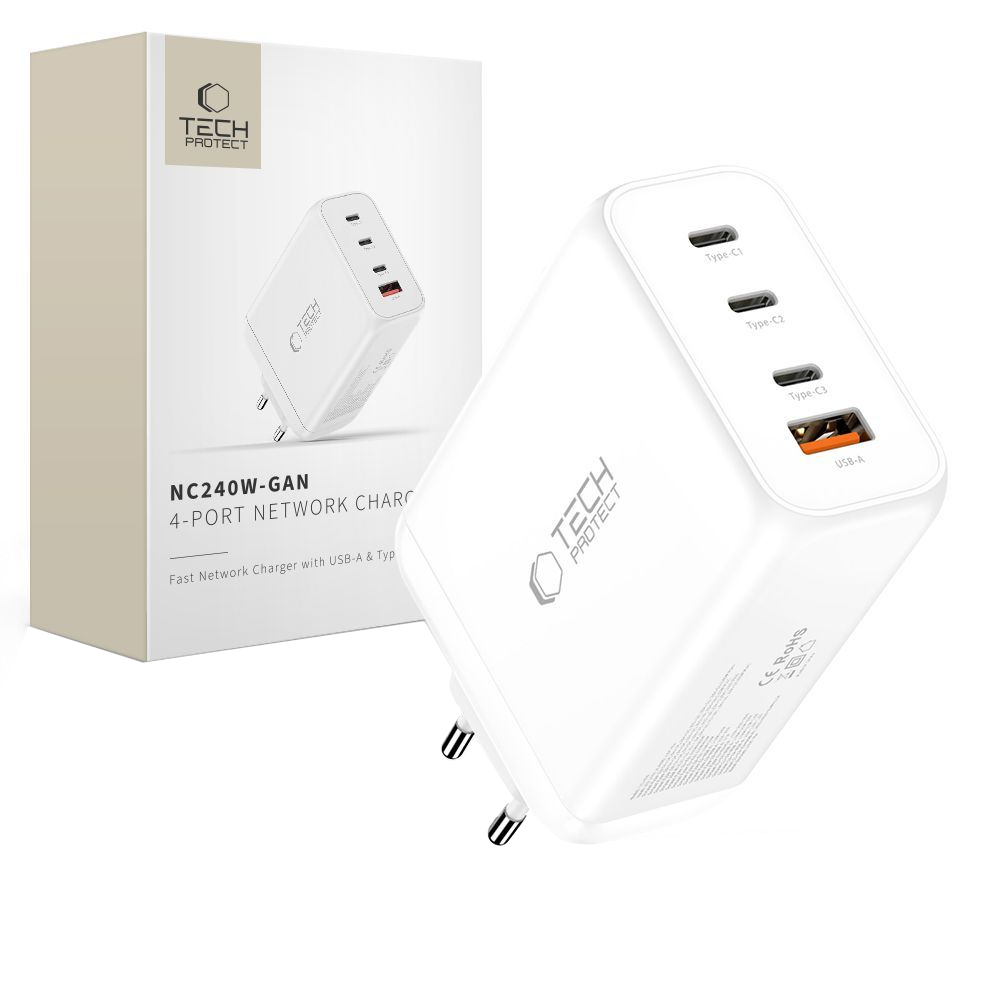 Tech-Protect NC240W-GAN Netwerkoplader, 240W, 5A, 1 x USB-A - 3 x USB-C, Wit