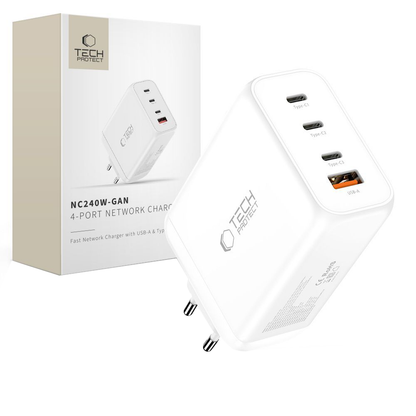 Tech-Protect NC240W-GAN Netwerkoplader, 240W, 5A, 1 x USB-A - 3 x USB-C, Wit