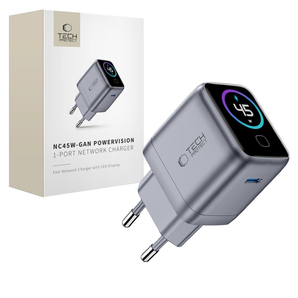 Tech-Protect NC45W Display Netvoeding, 45W, 3A, 1 x USB-C, Grijs