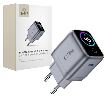 Tech-Protect NC45W Display Netvoeding, 45W, 3A, 1 x USB-C, Grijs