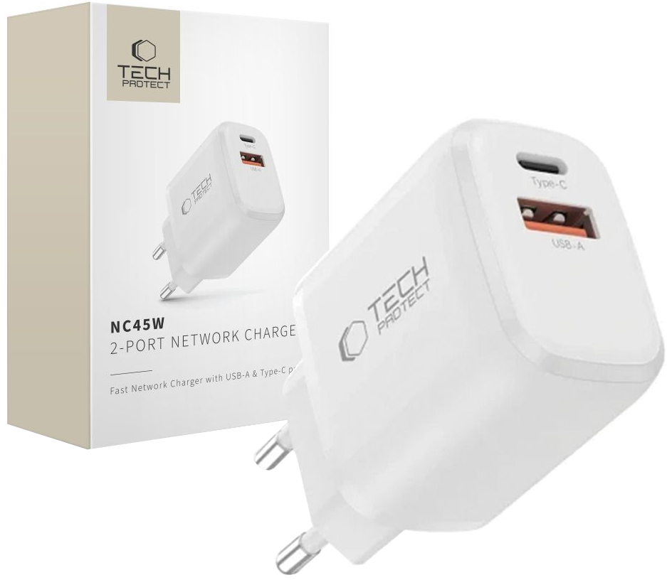 Netwerkoplader Tech-Protect NCA45W, 45W, 3A, 1 x USB-A - 1 x USB-C, Wit