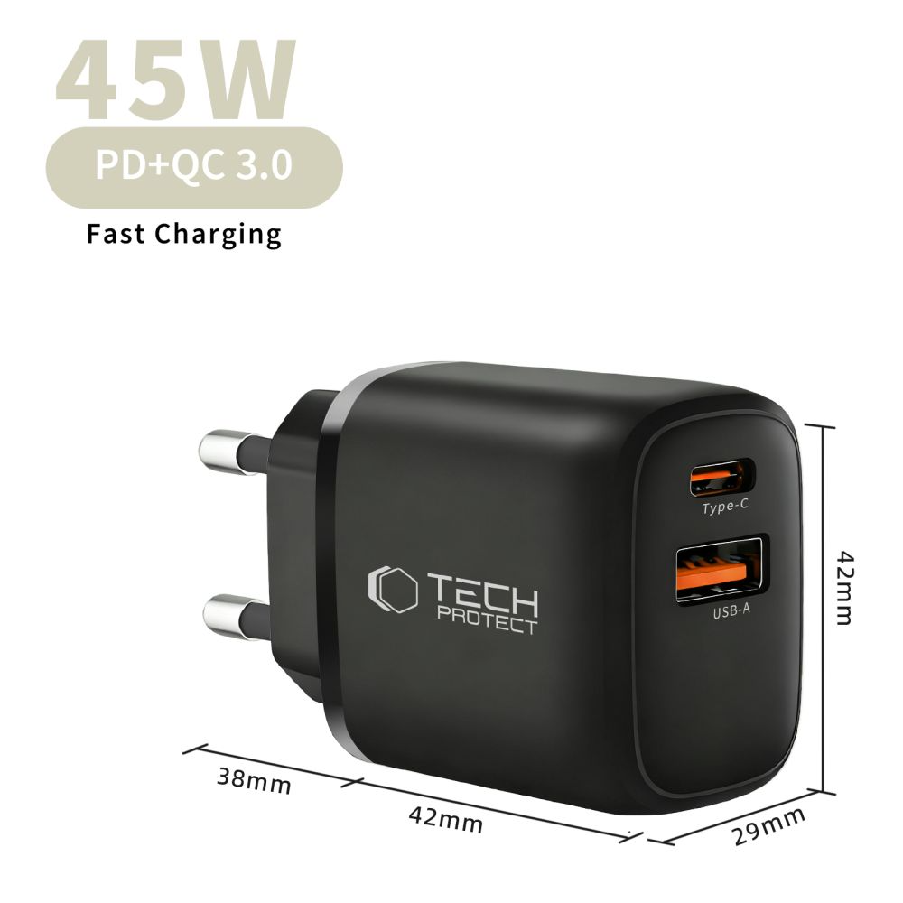 Tech-Protect NCA45W Netwerkoplader, 45W, 3A, 1 x USB-A - 1 x USB-C, Zwart