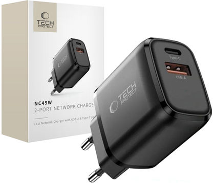 Tech-Protect NCA45W Netwerkoplader, 45W, 3A, 1 x USB-A - 1 x USB-C, Zwart