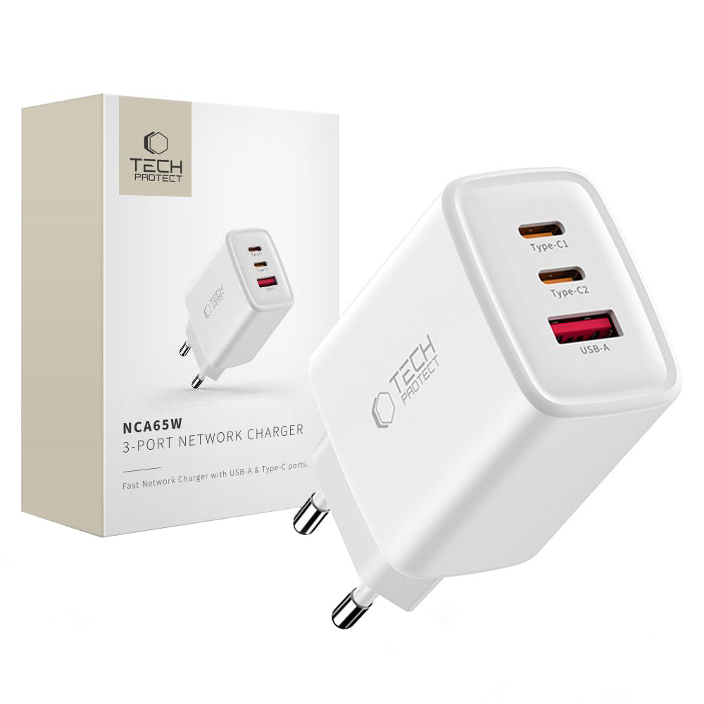 Netwerkoplader Tech-Protect NCA65W, 65W, 3A, 1 x USB-A - 2 x USB-C, Wit