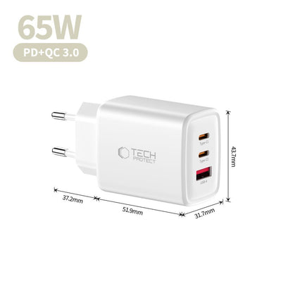 Netwerkoplader Tech-Protect NCA65W, 65W, 3A, 1 x USB-A - 2 x USB-C, Wit