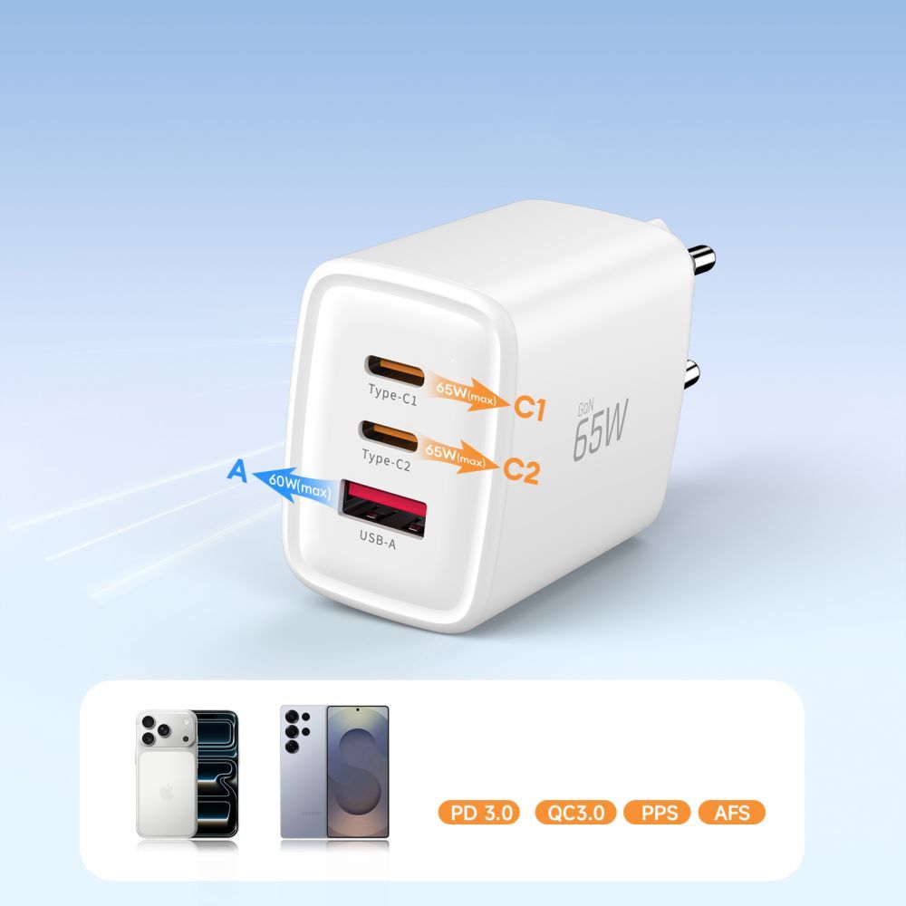 Netwerkoplader Tech-Protect NCA65W, 65W, 3A, 1 x USB-A - 2 x USB-C, Wit
