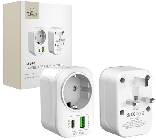 Netwerkoplader Tech-Protect TA100 Travel UK, 20W, 3A, 1 x Schuko - 1 x USB-A - 1 x USB-C, Wit