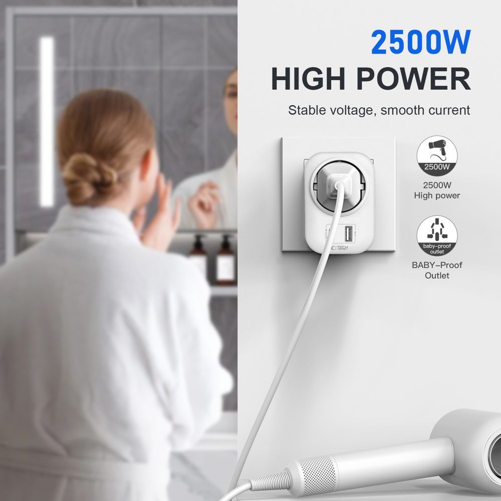 Tech-Protect TA100 Travel US netwerkoplader, 20W, 3A, 1 x Schuko - 1 x USB-A - 1 x USB-C, Wit