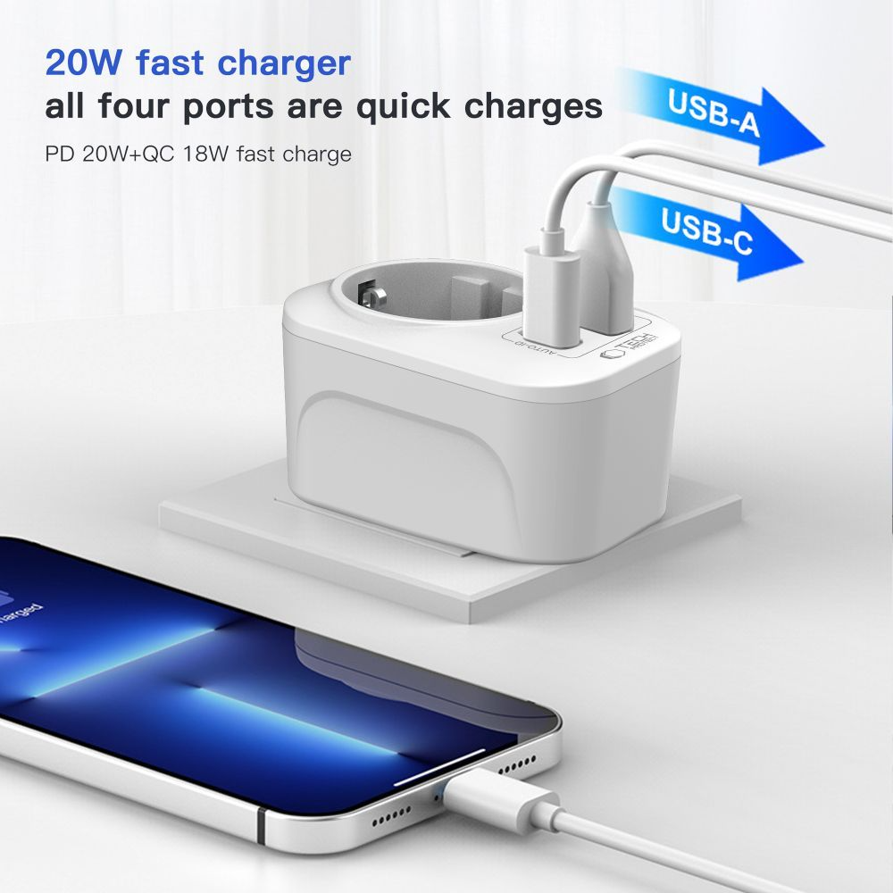 Tech-Protect TA100 Travel US netwerkoplader, 20W, 3A, 1 x Schuko - 1 x USB-A - 1 x USB-C, Wit
