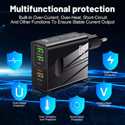 Netwerkoplader Techsuit CHC1 PentaXPower, 25W, 3A, 3 x USB-A - 2 x USB-C, Zwart