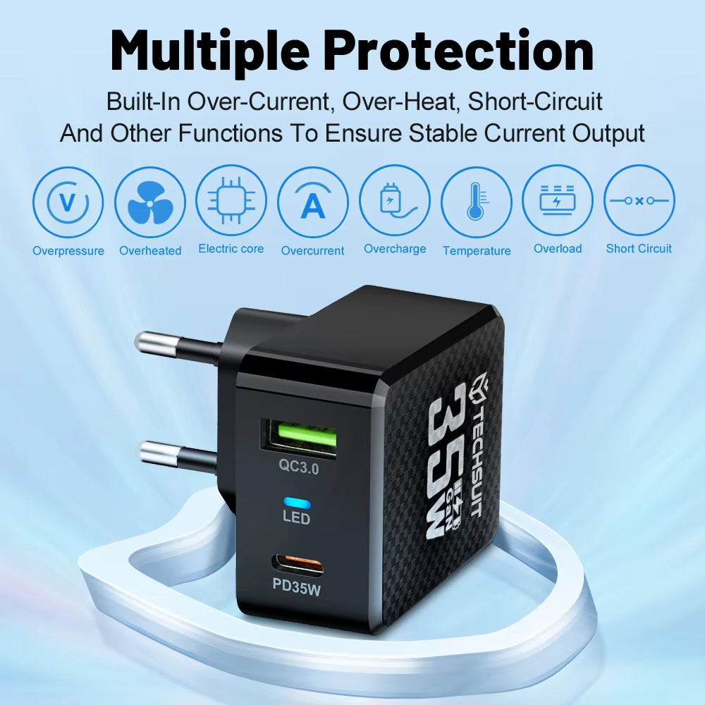 Techsuit CHPD173 Tiny Netwerkoplader, 35W, 3A, 1 x USB-A - 1 x USB-C, Zwart