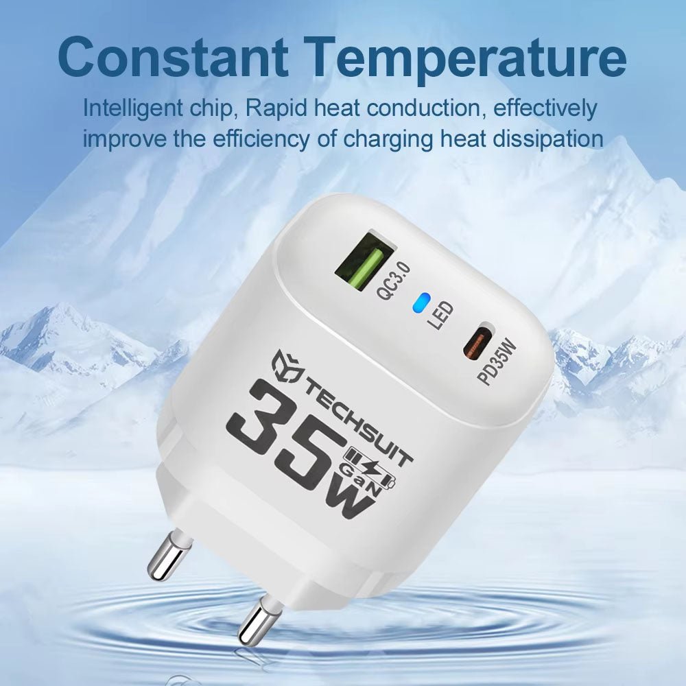 Techsuit CHPD174 Netwerkoplader, 35W, 3A, 1 x USB-A - 1 x USB-C, Wit