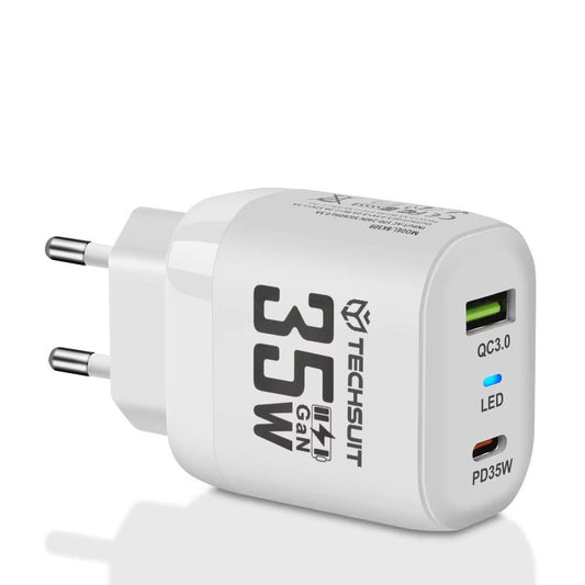 Techsuit CHPD174 Netwerkoplader, 35W, 3A, 1 x USB-A - 1 x USB-C, Wit