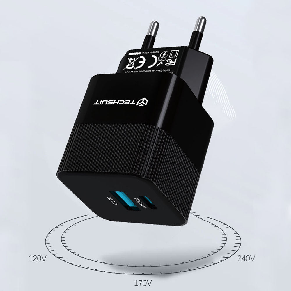 Netwerkoplader Techsuit CHPD216 Tiny, 25W, 3A, 1 x USB-A - 1 x USB-C, Wit