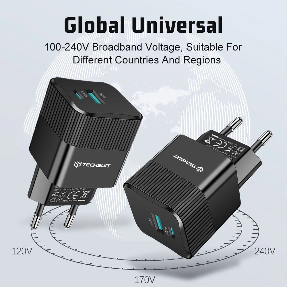 Netwerkoplader Techsuit CHPD216 Tiny, 25W, 3A, 1 x USB-A - 1 x USB-C, Zwart