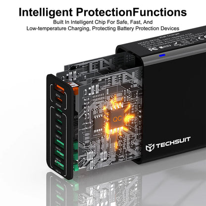 Techsuit CHPD224 Netwerkoplader, 65W, 3.25A, 4 x USB-A - 4 x USB-C, Zwart