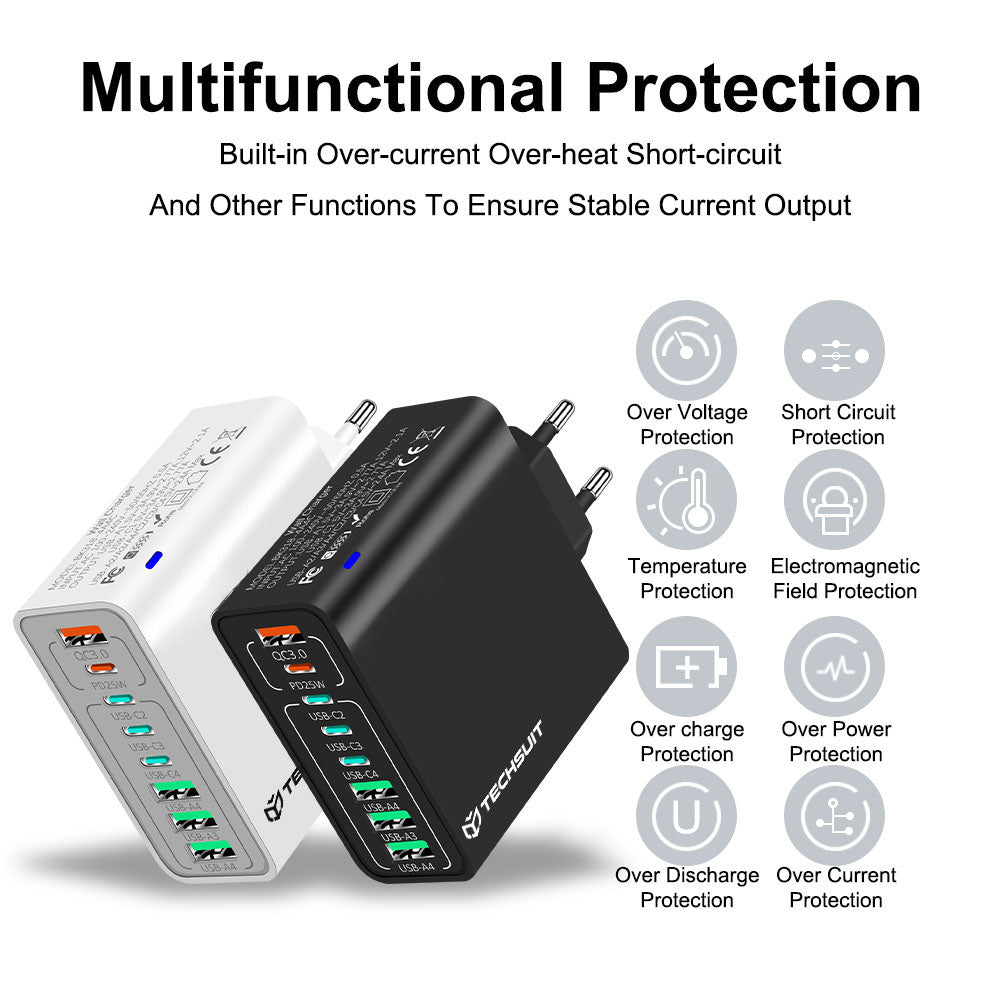 Techsuit CHPD224 Netwerkoplader, 65W, 3.25A, 4 x USB-A - 4 x USB-C, Zwart