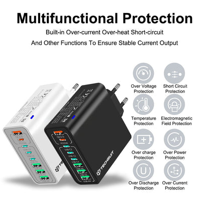 Techsuit CHPD224 Netwerkoplader, 65W, 3.25A, 4 x USB-A - 4 x USB-C, Zwart