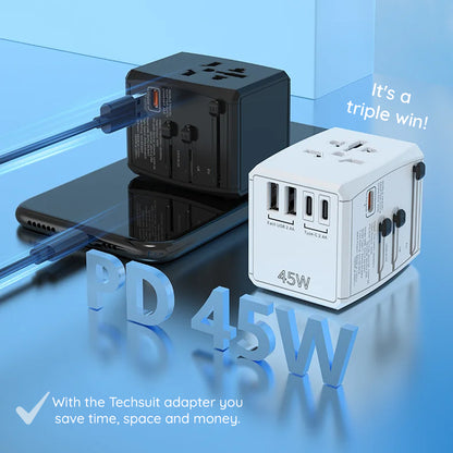Techsuit HHT905 Travel Netwerkoplader, 45W, 3A, 2 x USB-A - 2 x USB-C, Zwart