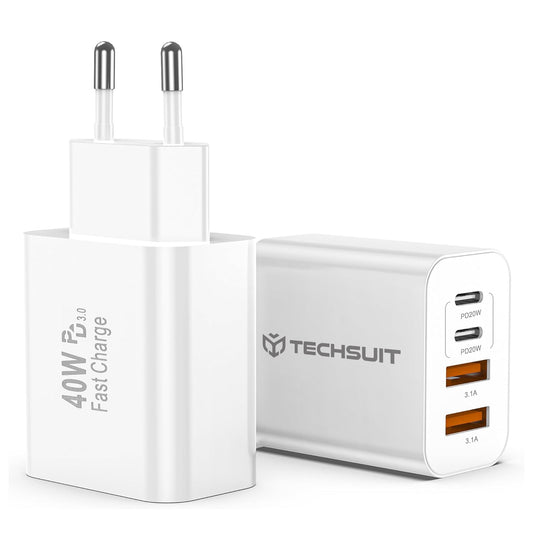 Techsuit PowerXQuad CH4 Netlader, 40W, 3A, 2 x USB-A - 2 x USB-C, Wit