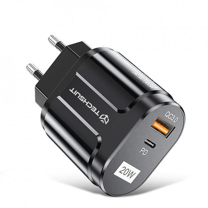 Techsuit Premium Netwerkoplader, 20W, 3A, 1 x USB-A - 1 x USB-C, Zwart CHPD038