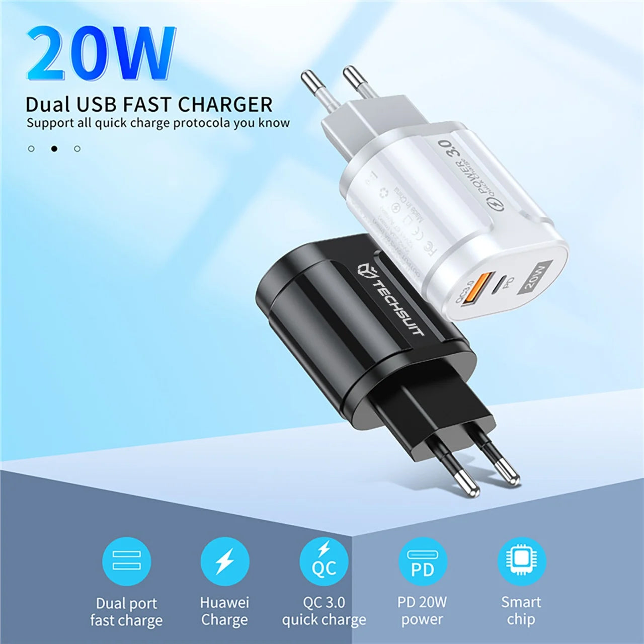 Techsuit Premium Netwerkoplader, 20W, 3A, 1 x USB-A - 1 x USB-C, Zwart CHPD038